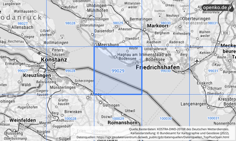 Übersichtskarte KOSTRA-DWD-2010R Rasterfeld Nr. 99029 mit angrenzenden Feldern