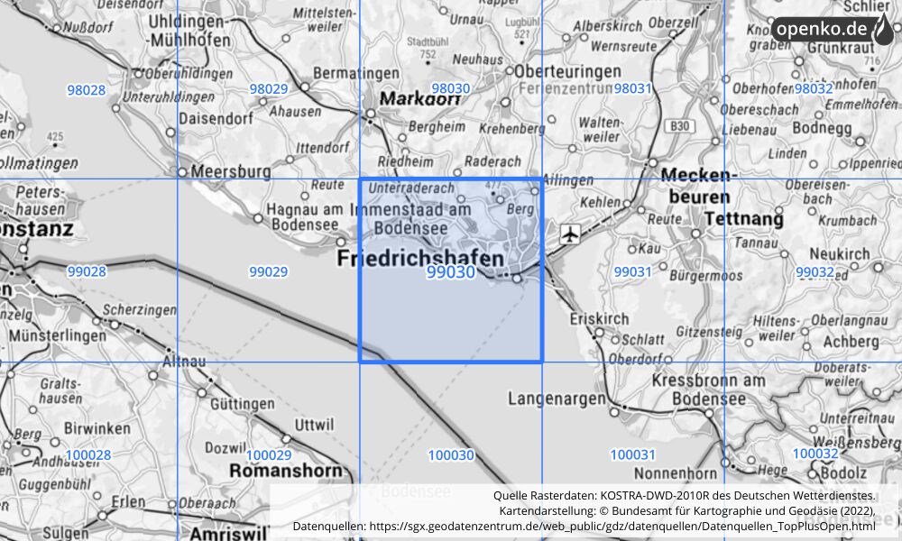 Übersichtskarte KOSTRA-DWD-2010R Rasterfeld Nr. 99030 mit angrenzenden Feldern