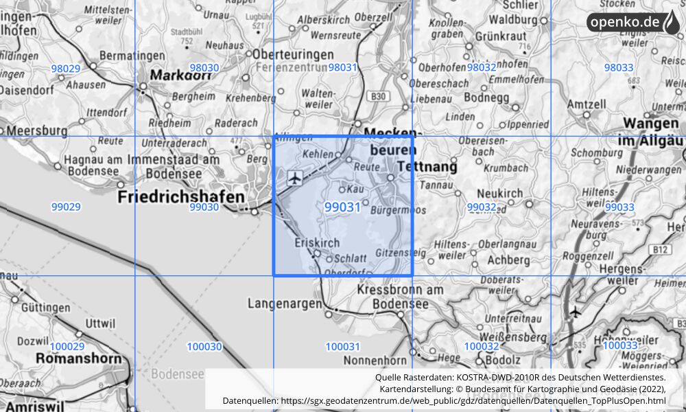 Übersichtskarte KOSTRA-DWD-2010R Rasterfeld Nr. 99031 mit angrenzenden Feldern