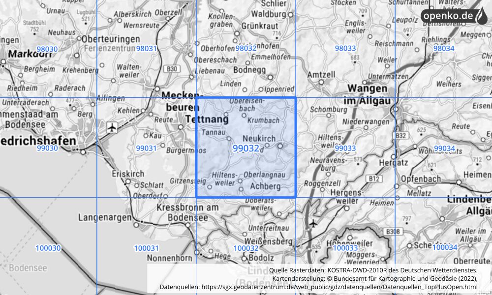 Übersichtskarte KOSTRA-DWD-2010R Rasterfeld Nr. 99032 mit angrenzenden Feldern