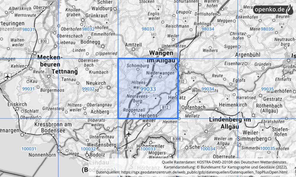 Übersichtskarte KOSTRA-DWD-2010R Rasterfeld Nr. 99033 mit angrenzenden Feldern