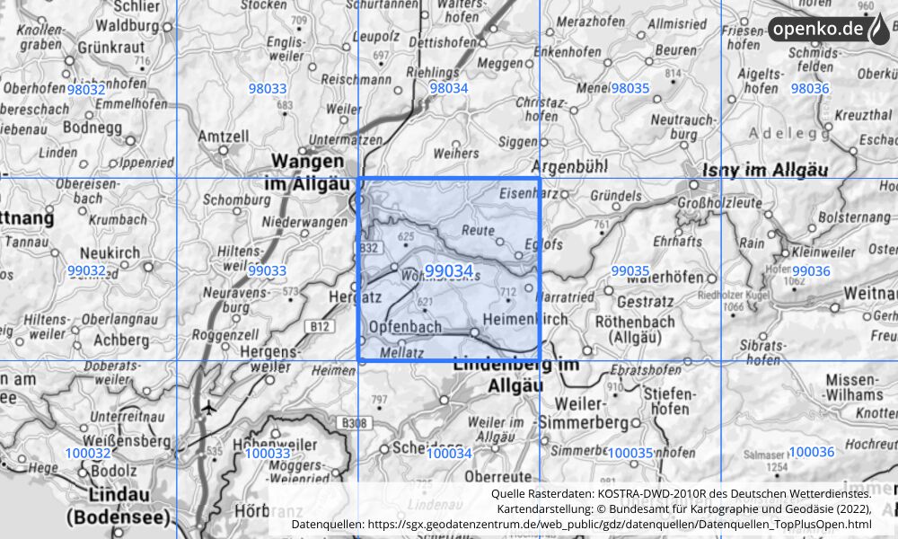 Übersichtskarte KOSTRA-DWD-2010R Rasterfeld Nr. 99034 mit angrenzenden Feldern