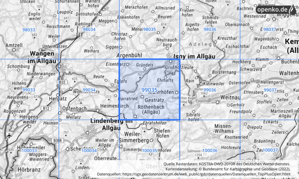 Übersichtskarte KOSTRA-DWD-2010R Rasterfeld Nr. 99035 mit angrenzenden Feldern