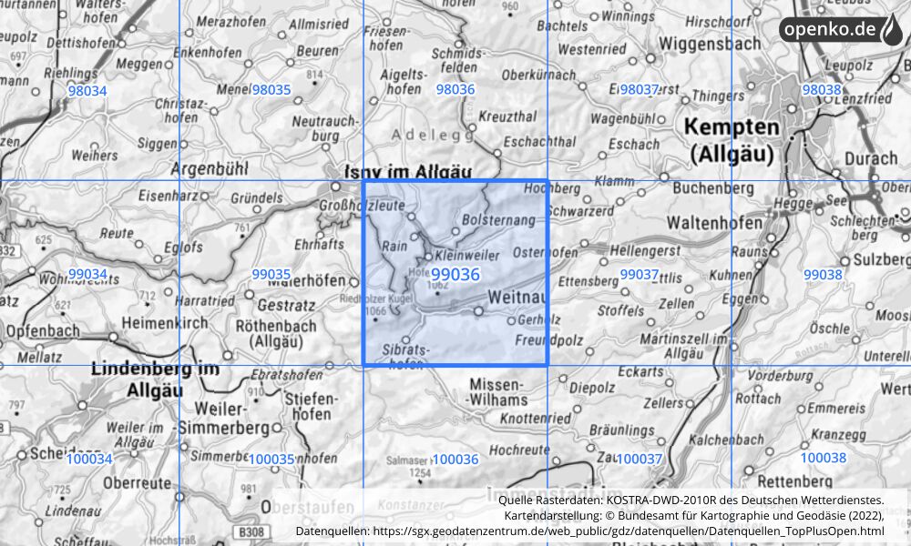 Übersichtskarte KOSTRA-DWD-2010R Rasterfeld Nr. 99036 mit angrenzenden Feldern