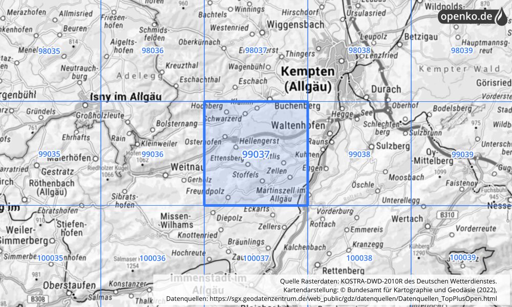 Übersichtskarte KOSTRA-DWD-2010R Rasterfeld Nr. 99037 mit angrenzenden Feldern