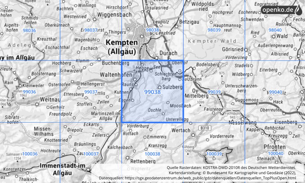 Übersichtskarte KOSTRA-DWD-2010R Rasterfeld Nr. 99038 mit angrenzenden Feldern