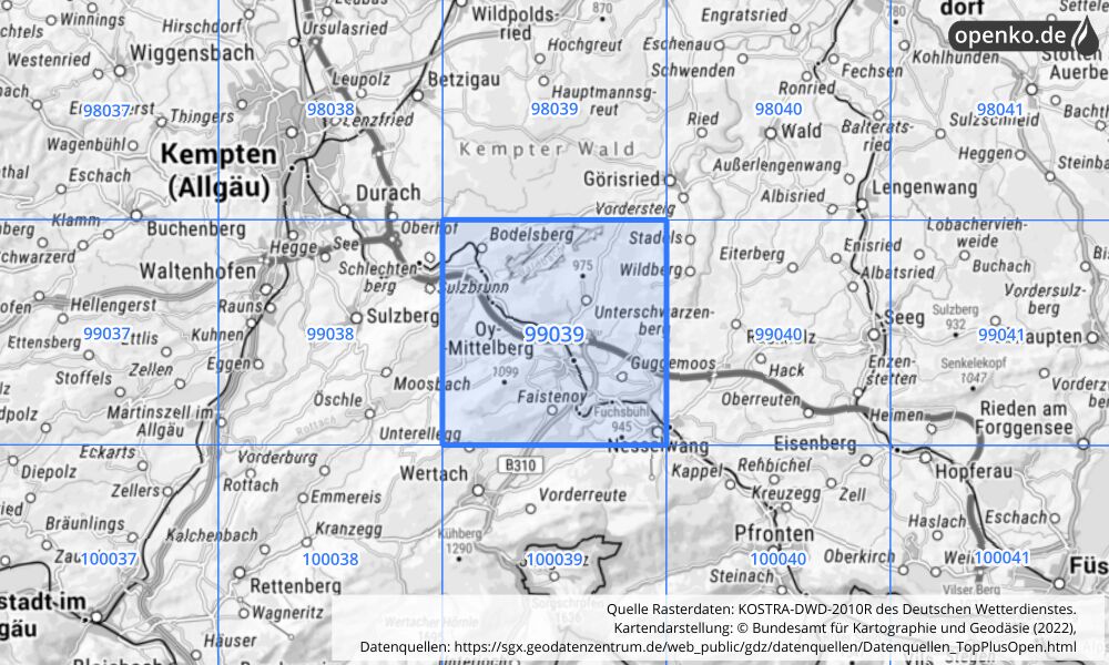 Übersichtskarte KOSTRA-DWD-2010R Rasterfeld Nr. 99039 mit angrenzenden Feldern