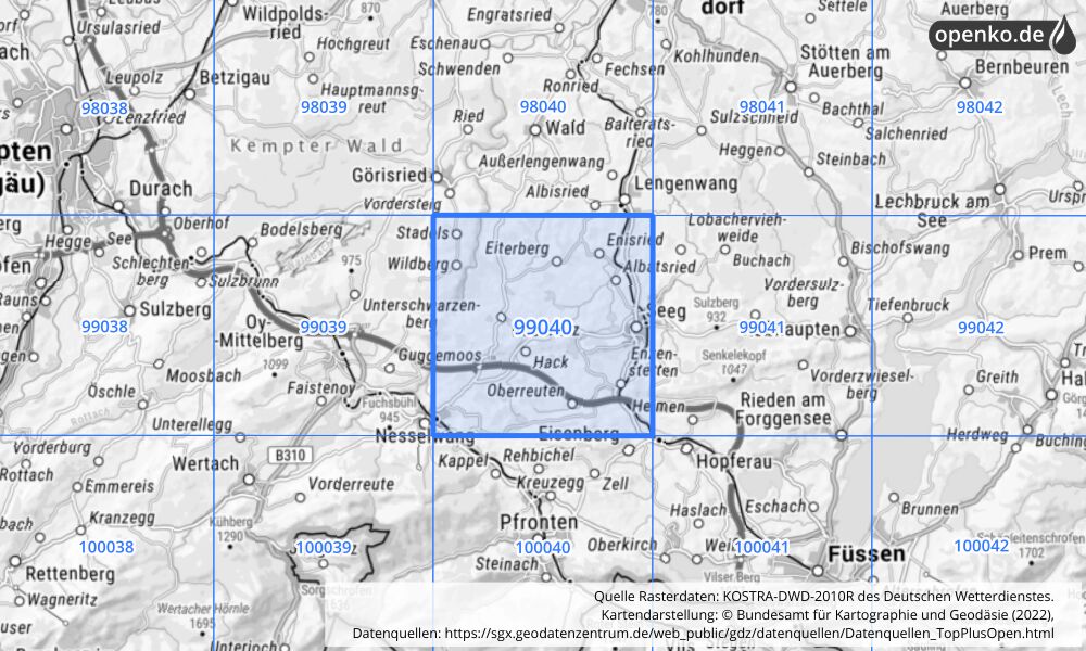 Übersichtskarte KOSTRA-DWD-2010R Rasterfeld Nr. 99040 mit angrenzenden Feldern