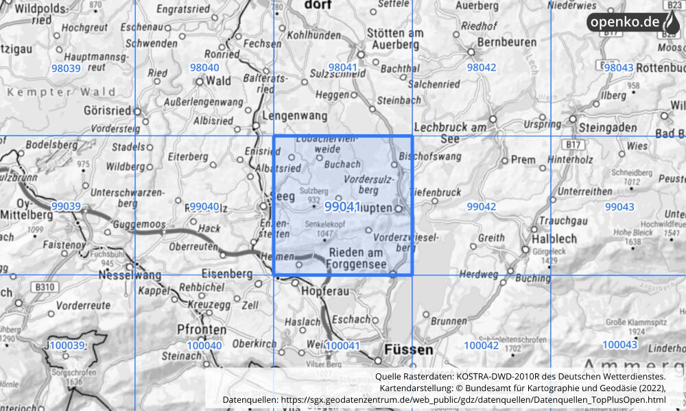 Übersichtskarte KOSTRA-DWD-2010R Rasterfeld Nr. 99041 mit angrenzenden Feldern