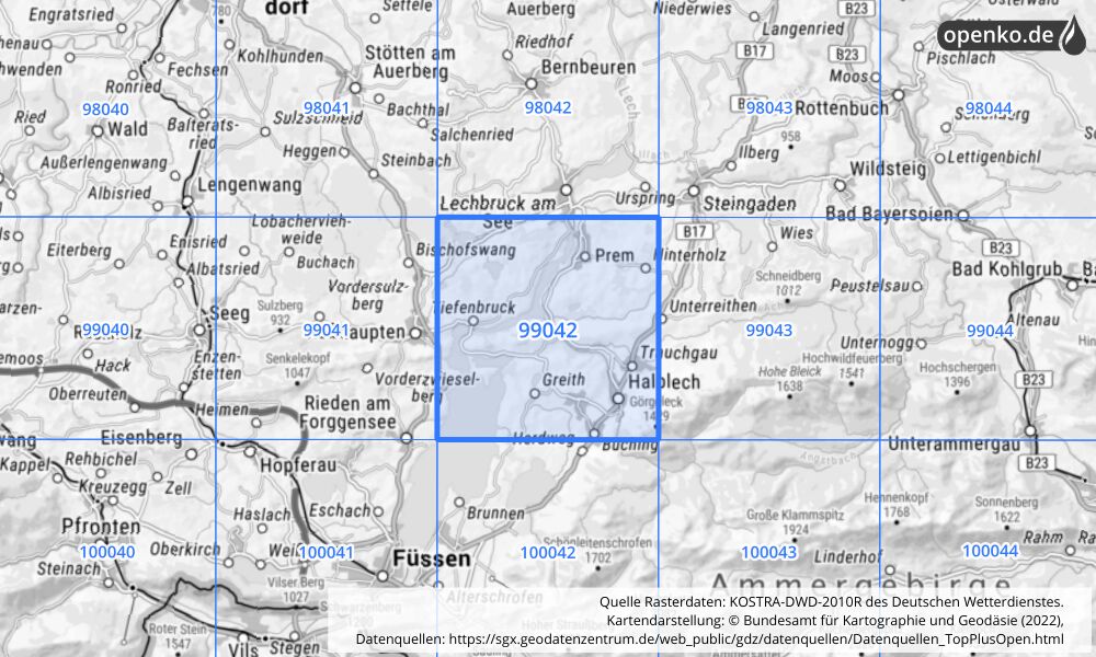 Übersichtskarte KOSTRA-DWD-2010R Rasterfeld Nr. 99042 mit angrenzenden Feldern