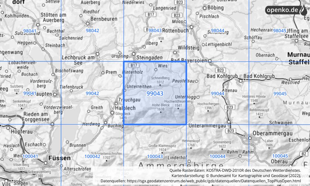Übersichtskarte KOSTRA-DWD-2010R Rasterfeld Nr. 99043 mit angrenzenden Feldern