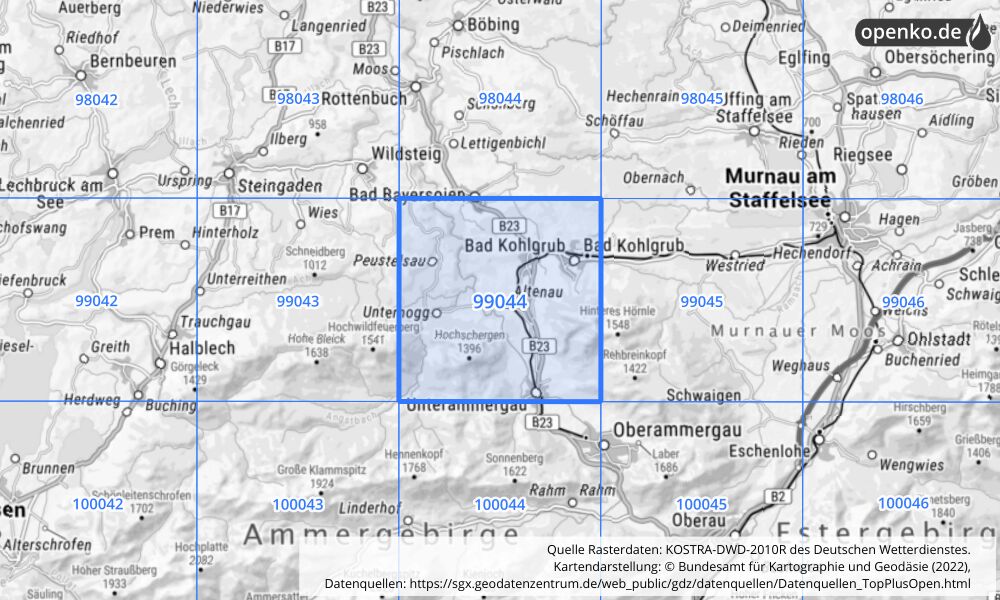 Übersichtskarte KOSTRA-DWD-2010R Rasterfeld Nr. 99044 mit angrenzenden Feldern