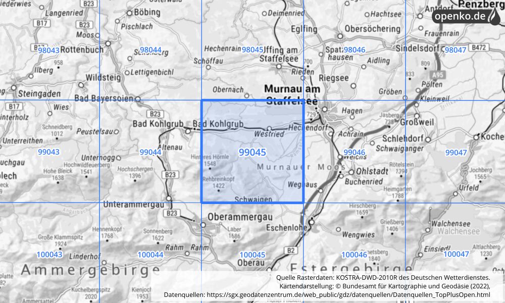 Übersichtskarte KOSTRA-DWD-2010R Rasterfeld Nr. 99045 mit angrenzenden Feldern