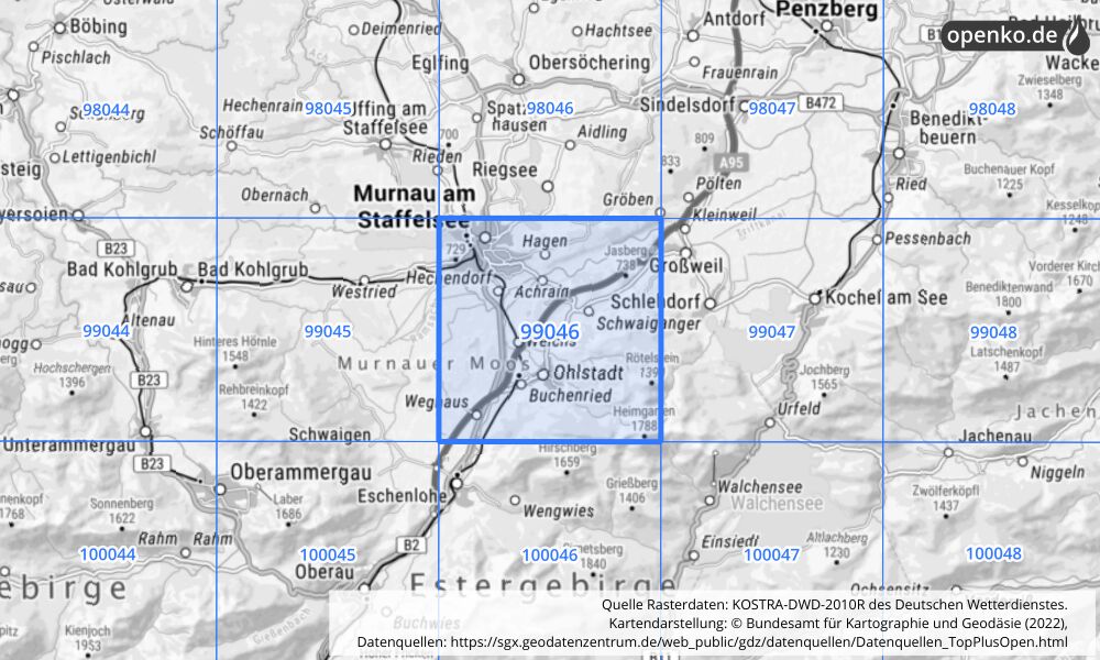 Übersichtskarte KOSTRA-DWD-2010R Rasterfeld Nr. 99046 mit angrenzenden Feldern