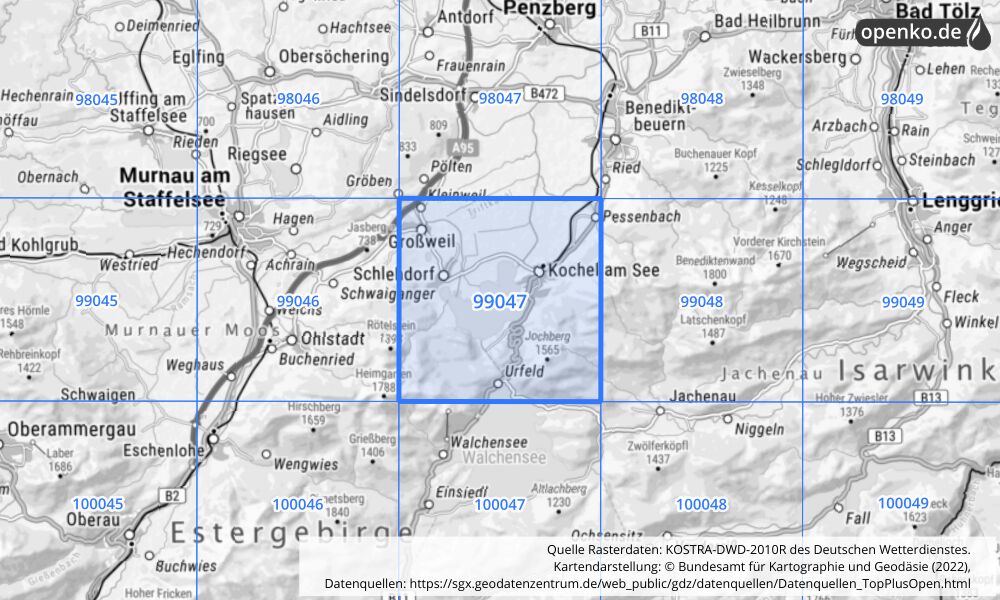 Übersichtskarte KOSTRA-DWD-2010R Rasterfeld Nr. 99047 mit angrenzenden Feldern