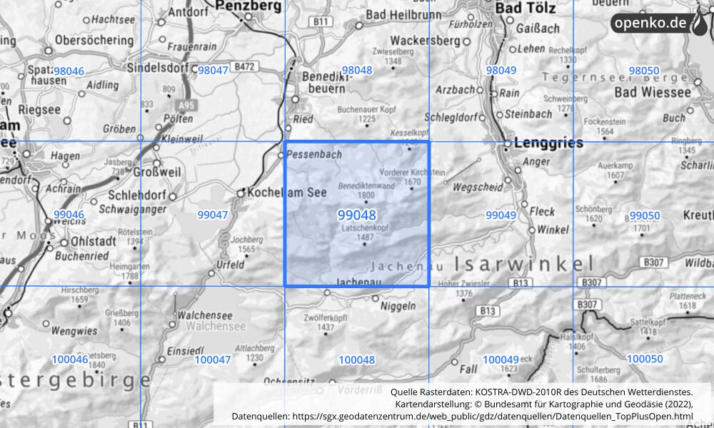 Übersichtskarte KOSTRA-DWD-2010R Rasterfeld Nr. 99048 mit angrenzenden Feldern