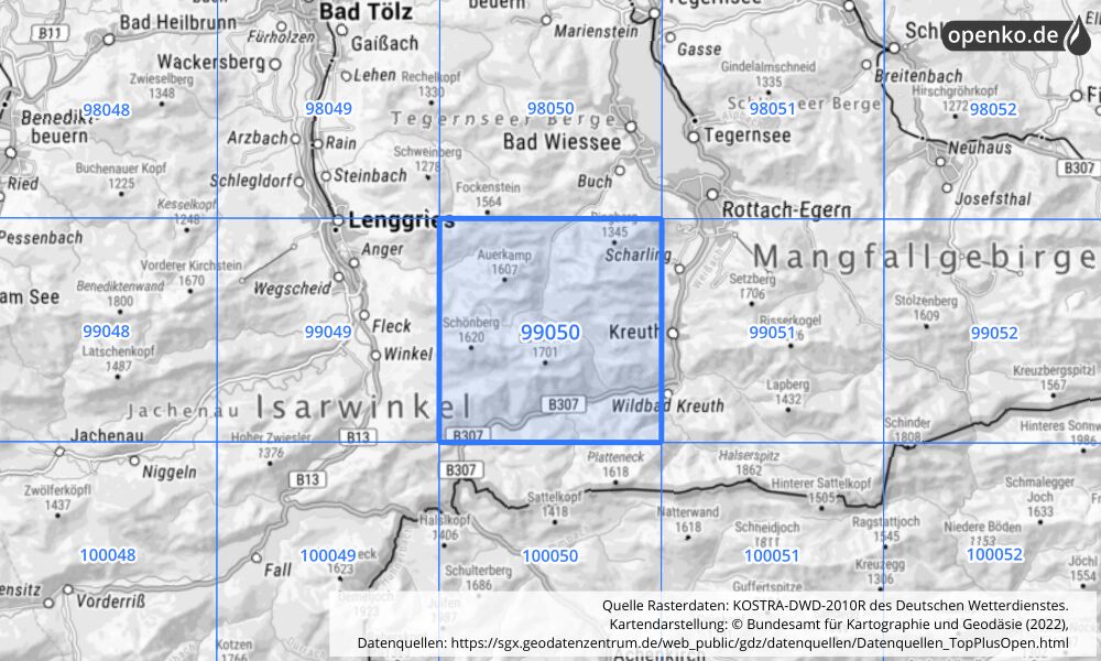 Übersichtskarte KOSTRA-DWD-2010R Rasterfeld Nr. 99050 mit angrenzenden Feldern