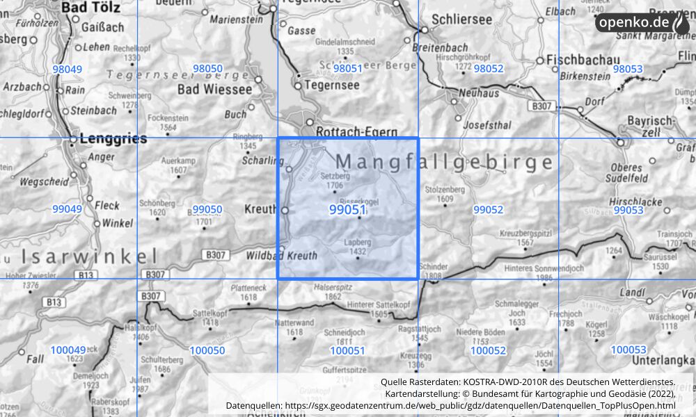 Übersichtskarte KOSTRA-DWD-2010R Rasterfeld Nr. 99051 mit angrenzenden Feldern