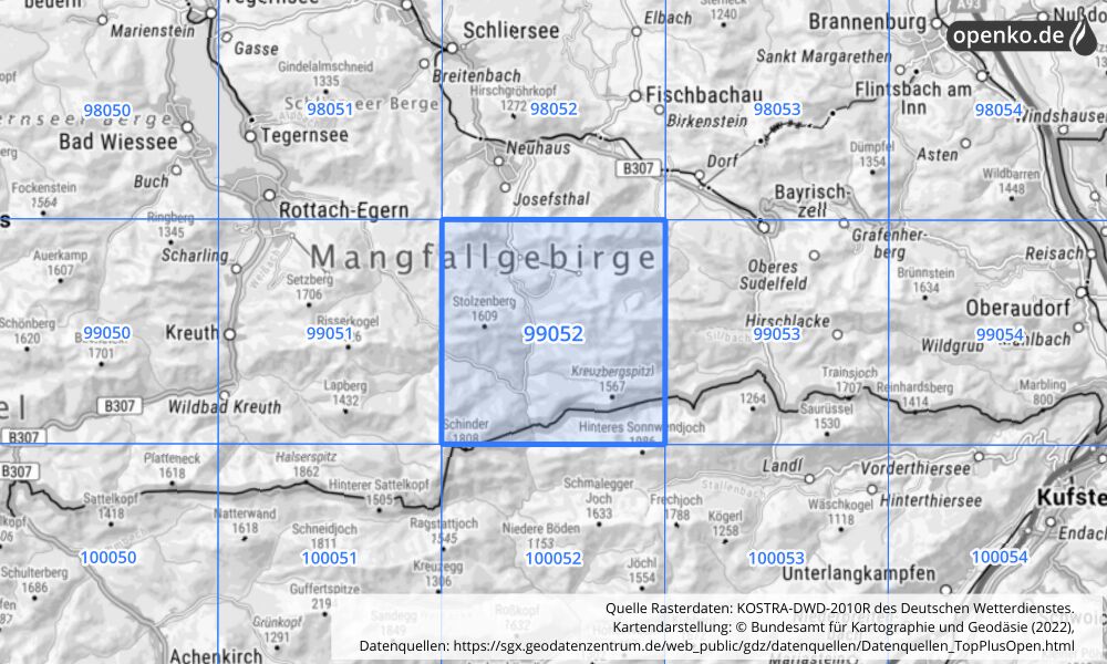 Übersichtskarte KOSTRA-DWD-2010R Rasterfeld Nr. 99052 mit angrenzenden Feldern