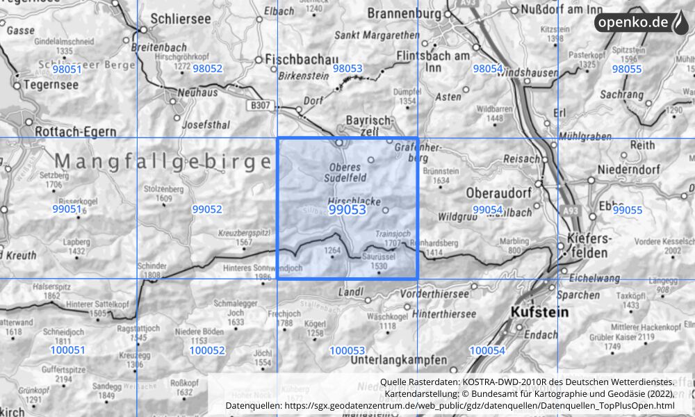 Übersichtskarte KOSTRA-DWD-2010R Rasterfeld Nr. 99053 mit angrenzenden Feldern