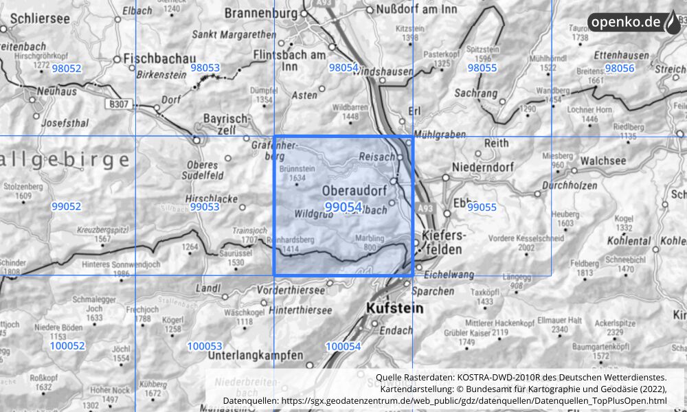 Übersichtskarte KOSTRA-DWD-2010R Rasterfeld Nr. 99054 mit angrenzenden Feldern