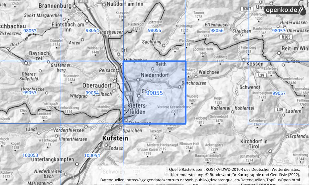 Übersichtskarte KOSTRA-DWD-2010R Rasterfeld Nr. 99055 mit angrenzenden Feldern