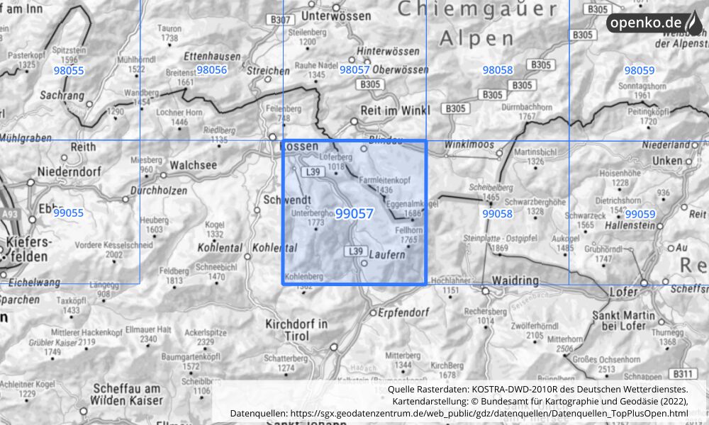 Übersichtskarte KOSTRA-DWD-2010R Rasterfeld Nr. 99057 mit angrenzenden Feldern