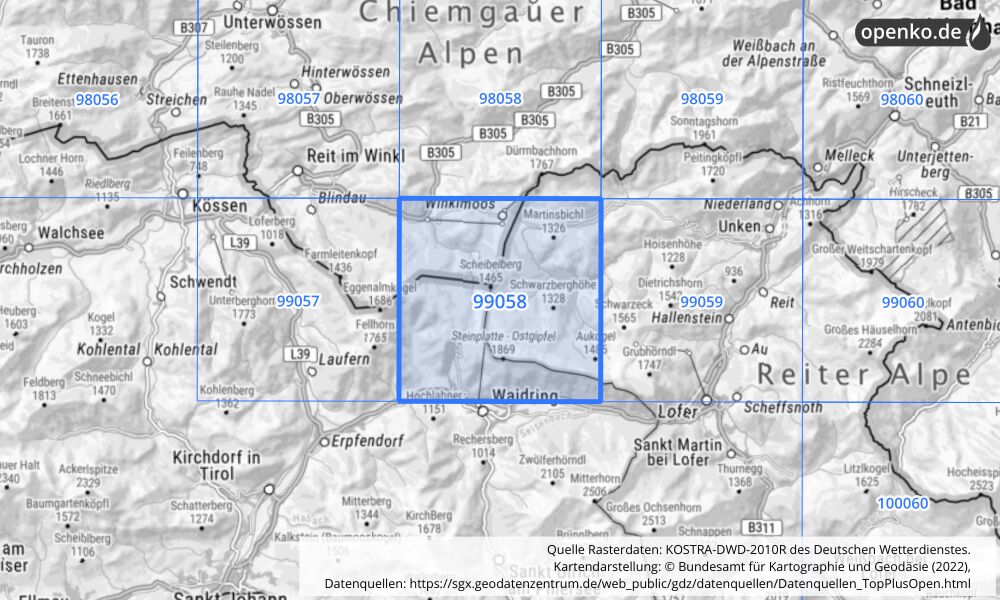 Übersichtskarte KOSTRA-DWD-2010R Rasterfeld Nr. 99058 mit angrenzenden Feldern