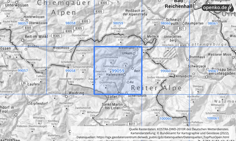 Übersichtskarte KOSTRA-DWD-2010R Rasterfeld Nr. 99059 mit angrenzenden Feldern