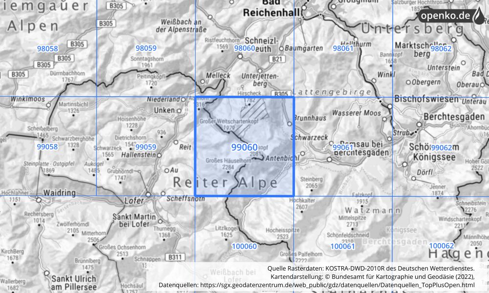 Übersichtskarte KOSTRA-DWD-2010R Rasterfeld Nr. 99060 mit angrenzenden Feldern