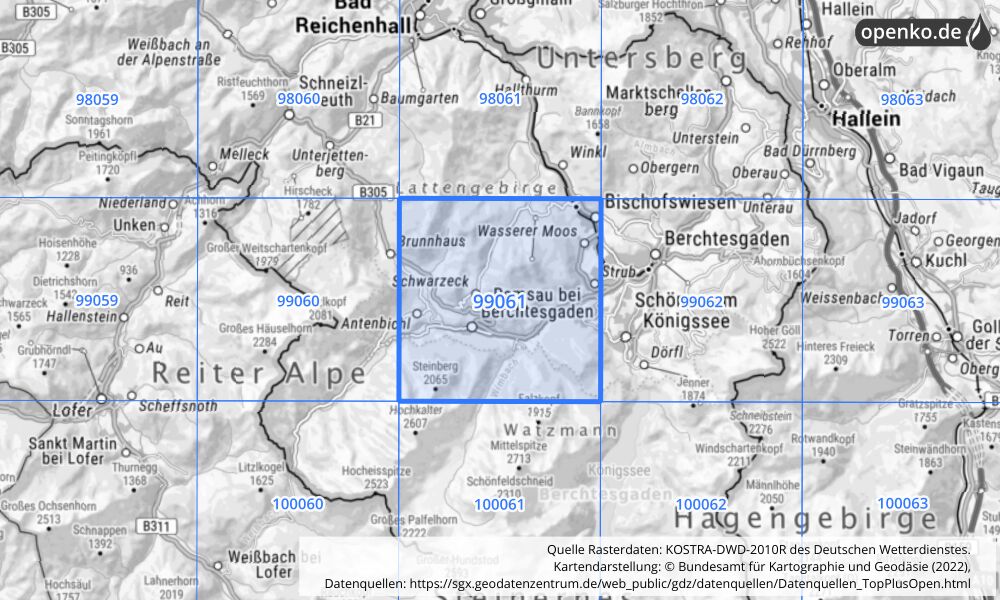 Übersichtskarte KOSTRA-DWD-2010R Rasterfeld Nr. 99061 mit angrenzenden Feldern