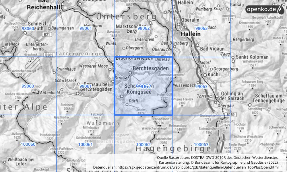 Übersichtskarte KOSTRA-DWD-2010R Rasterfeld Nr. 99062 mit angrenzenden Feldern