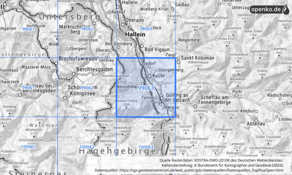 Übersichtskarte KOSTRA-DWD-2010R Rasterfeld Nr. 99063 mit angrenzenden Feldern