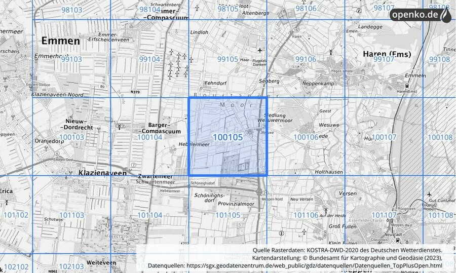 Übersichtskarte des KOSTRA-DWD-2020-Rasterfeldes Nr. 100105
