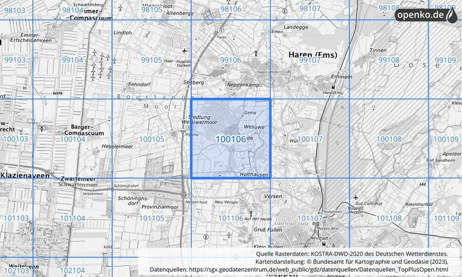 Übersichtskarte des KOSTRA-DWD-2020-Rasterfeldes Nr. 100106