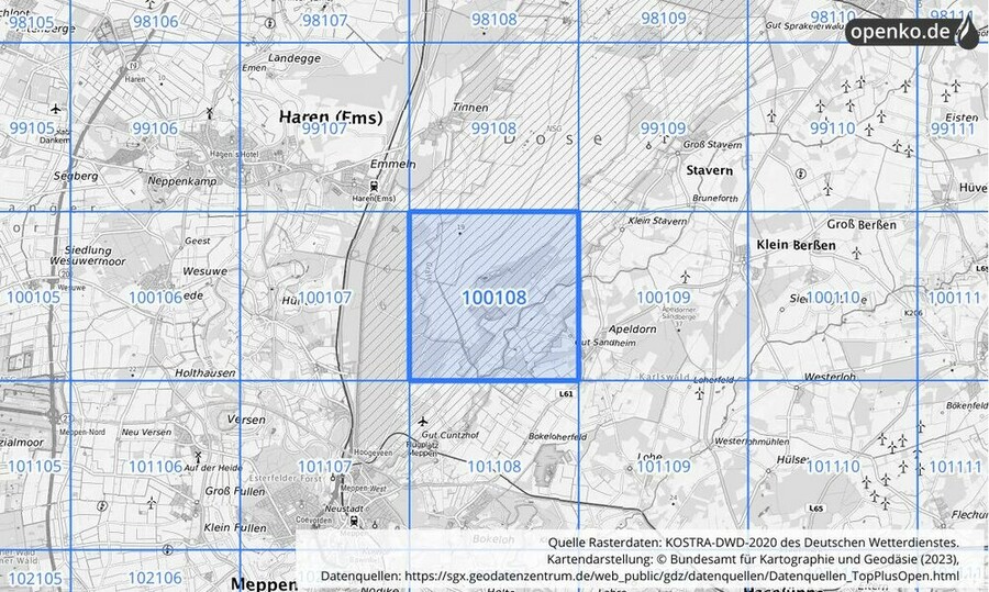 Übersichtskarte des KOSTRA-DWD-2020-Rasterfeldes Nr. 100108