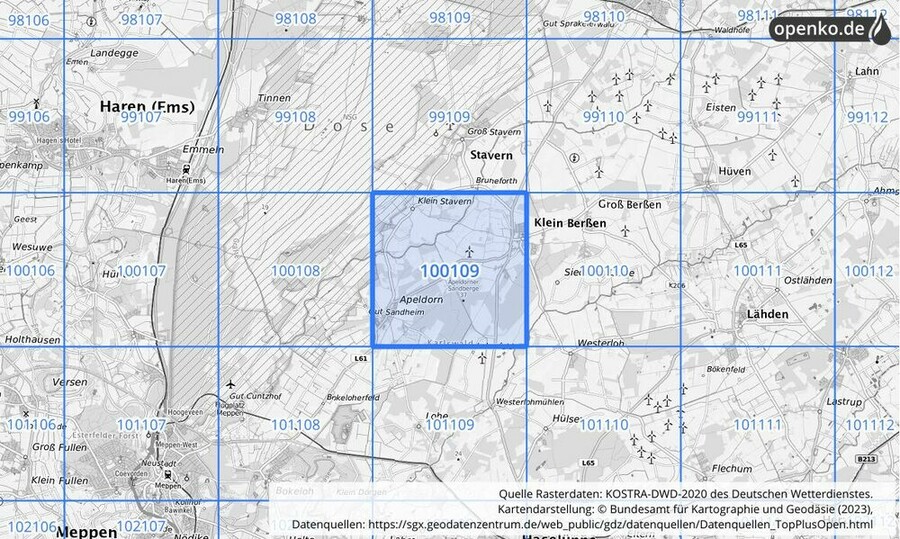 Übersichtskarte des KOSTRA-DWD-2020-Rasterfeldes Nr. 100109