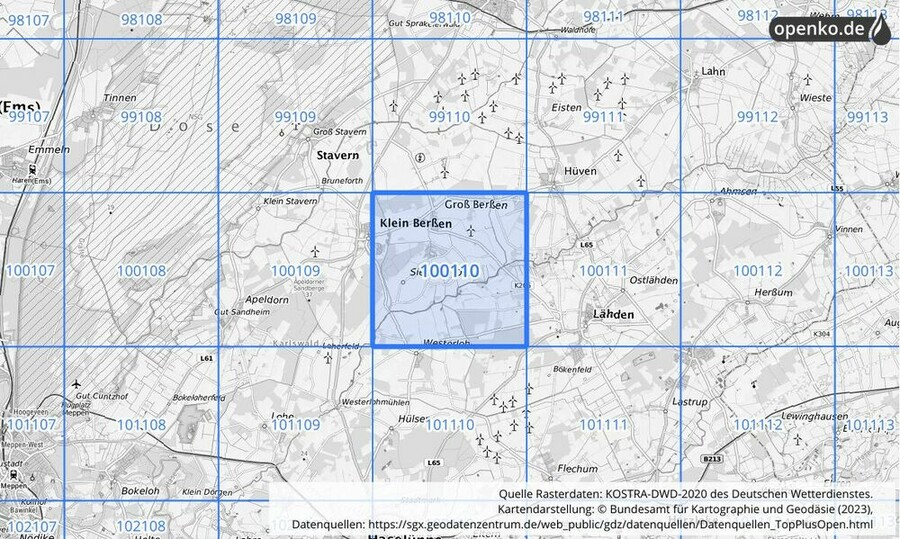 Übersichtskarte des KOSTRA-DWD-2020-Rasterfeldes Nr. 100110