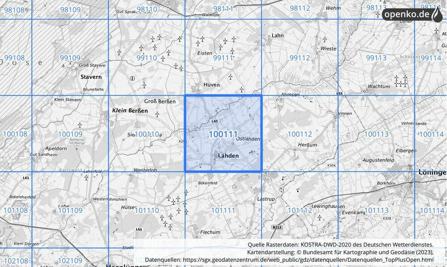 Übersichtskarte des KOSTRA-DWD-2020-Rasterfeldes Nr. 100111