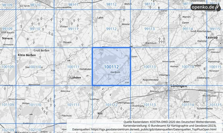 Übersichtskarte des KOSTRA-DWD-2020-Rasterfeldes Nr. 100112