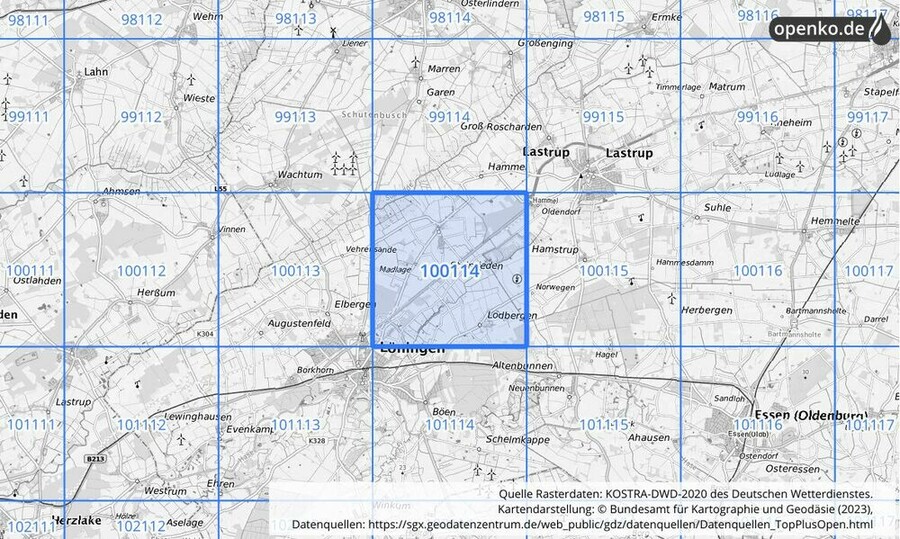 Übersichtskarte des KOSTRA-DWD-2020-Rasterfeldes Nr. 100114