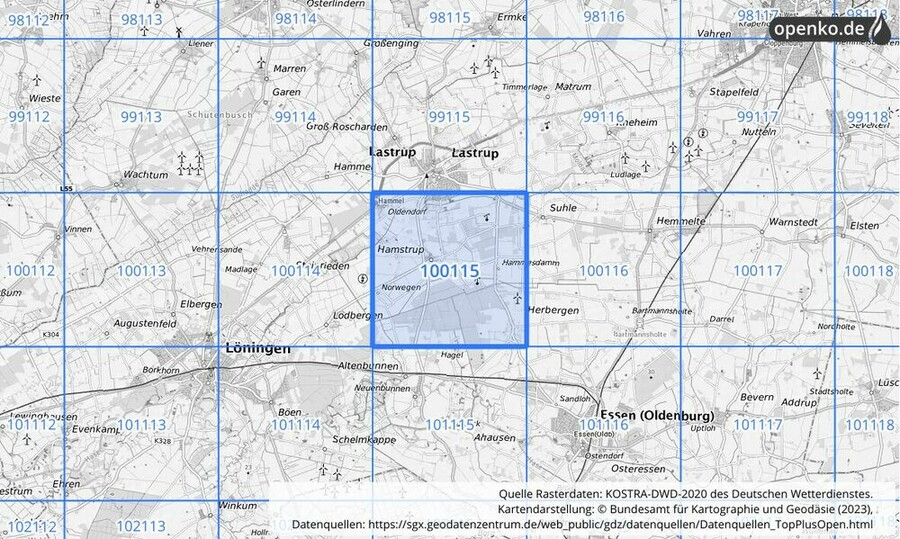 Übersichtskarte des KOSTRA-DWD-2020-Rasterfeldes Nr. 100115