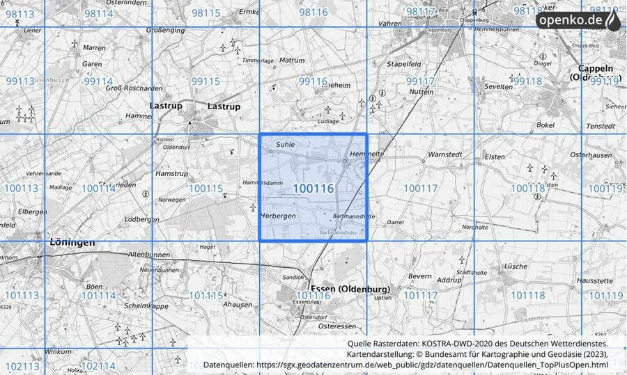 Übersichtskarte des KOSTRA-DWD-2020-Rasterfeldes Nr. 100116