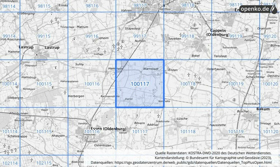 Übersichtskarte des KOSTRA-DWD-2020-Rasterfeldes Nr. 100117