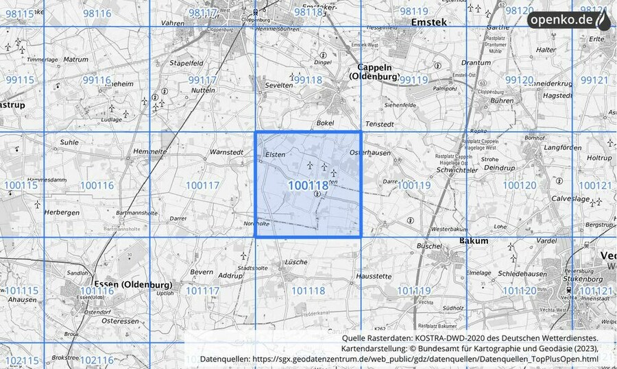 Übersichtskarte des KOSTRA-DWD-2020-Rasterfeldes Nr. 100118