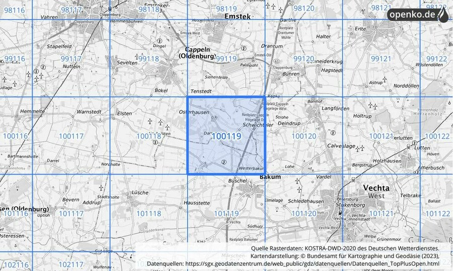 Übersichtskarte des KOSTRA-DWD-2020-Rasterfeldes Nr. 100119