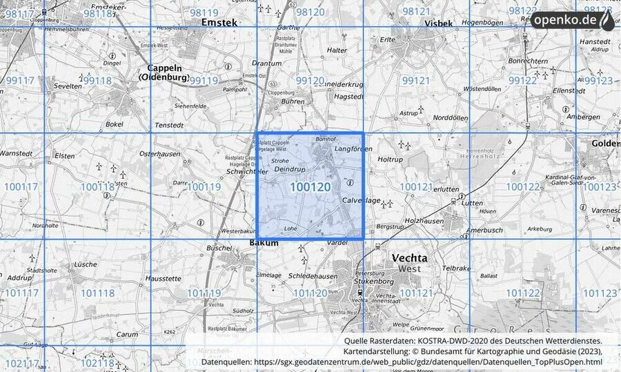 Übersichtskarte des KOSTRA-DWD-2020-Rasterfeldes Nr. 100120