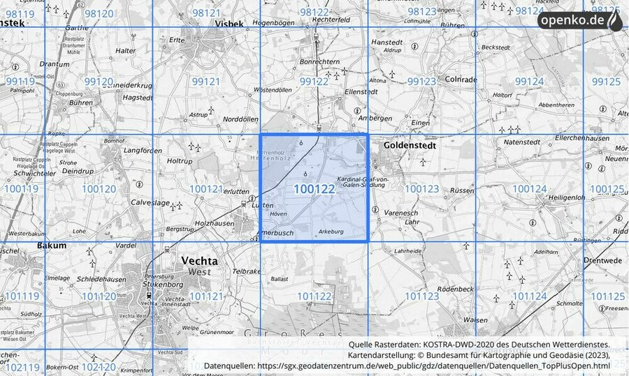 Übersichtskarte des KOSTRA-DWD-2020-Rasterfeldes Nr. 100122