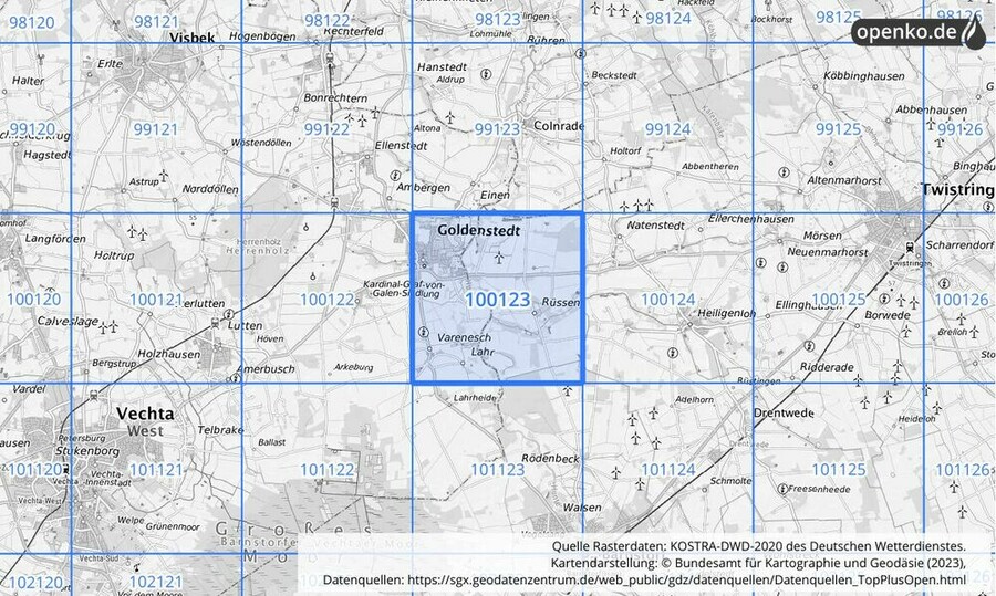 Übersichtskarte des KOSTRA-DWD-2020-Rasterfeldes Nr. 100123