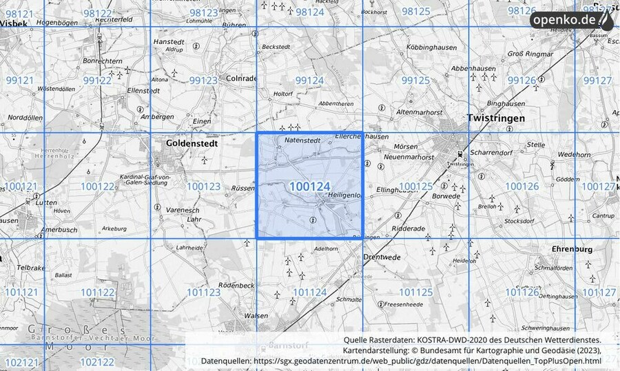 Übersichtskarte des KOSTRA-DWD-2020-Rasterfeldes Nr. 100124